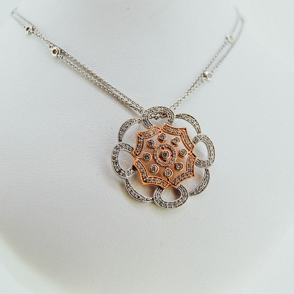 Diamond White and Rose Gold Floral Pendant - Custom Jewelry in