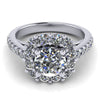 round halo engagement ring with flush fit cushion from GQJ jewelry store Boston