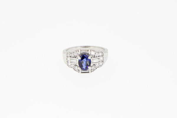 Platinum-Vintage-Diamond Ring-With-Saphire-Center-GQ-Jewelers-boston-5